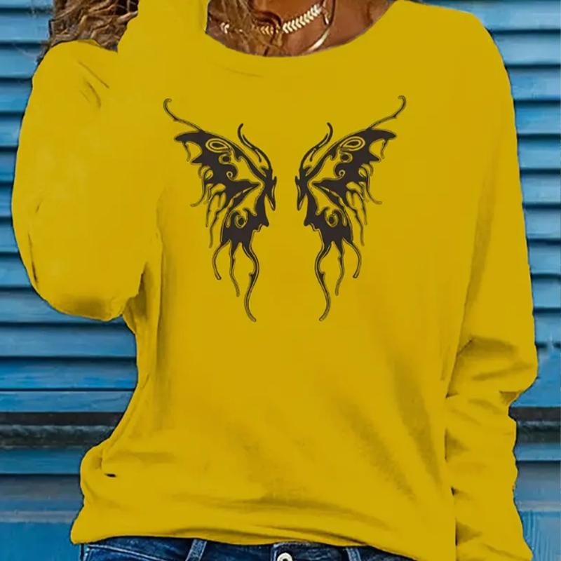 

Топы для женщин с принтом крыльев бабочки, круглым вырезом и длинным рукавом, футболка на осень, повседневный тонкий пуловер, женский топ с длинным рукавом 8XL жёлтый