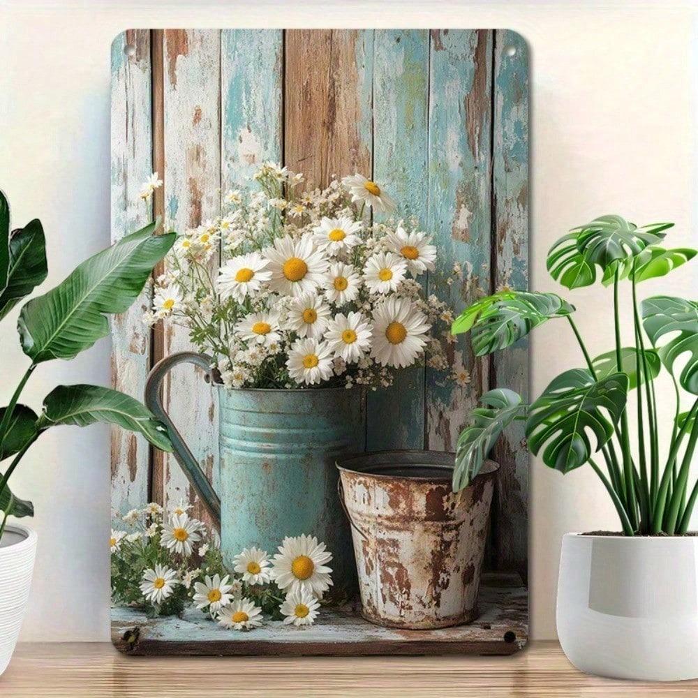 Vintage Daisy Bouquet Metal Tin Sign, Rustic Farmhouse Wall Decor for Home & Kitchen