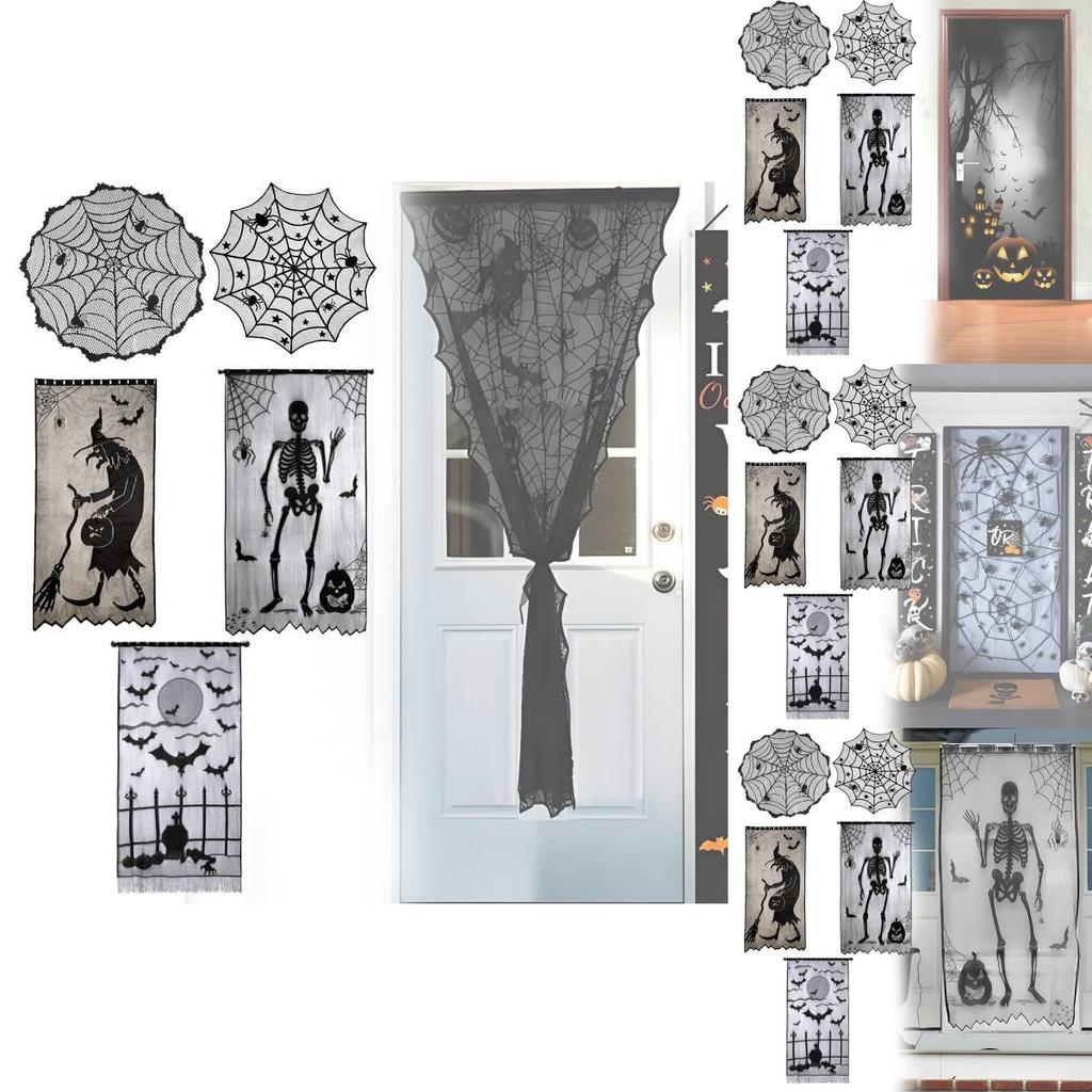 Stylish Black Lace Halloween Table Flag Featuring Creepy Bat And Spider Web Patterns
