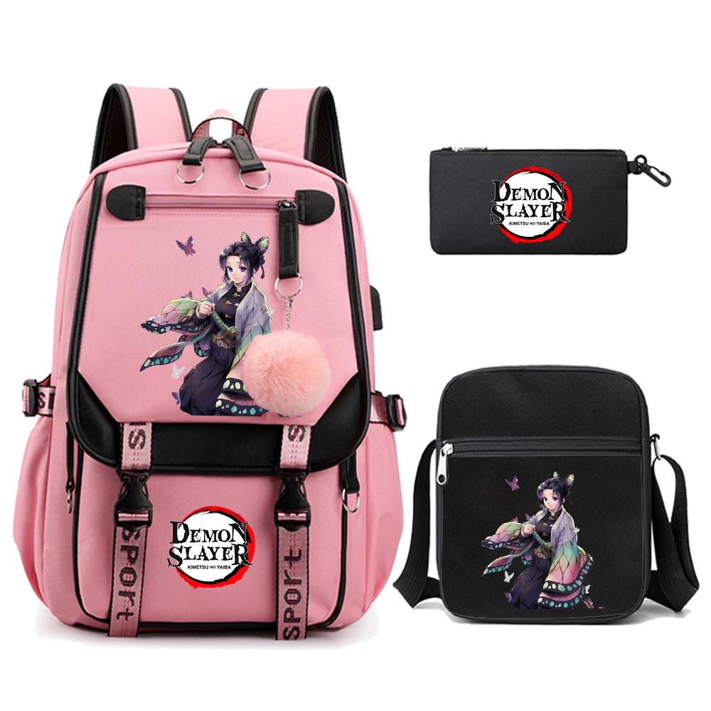 3Pcs/set Cartoon Demon Slayer Printed Backpack with Shoulder Bag for Teenager Student Girl Boy Bookbag Large Capacity Travel Bag