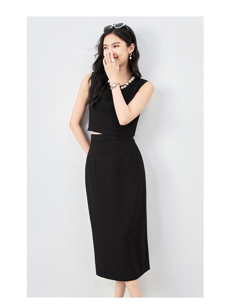 Fashion Pearl Collar Sleeveless Vest & Hip-Hugging Midi Skirt Set