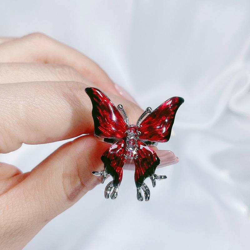 Temperament Niche Exquisite Design Sense Personality Ring Sweet Cool Red Enamel Drip Glaze Butterfly Opening Ring Female