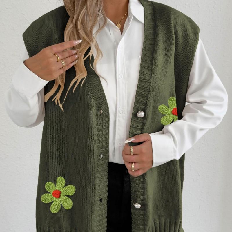 Womens Winter Knit Vest Loose V-Neck Open Front Cardigan With Pearl Buttons 3D Floral Embroidery