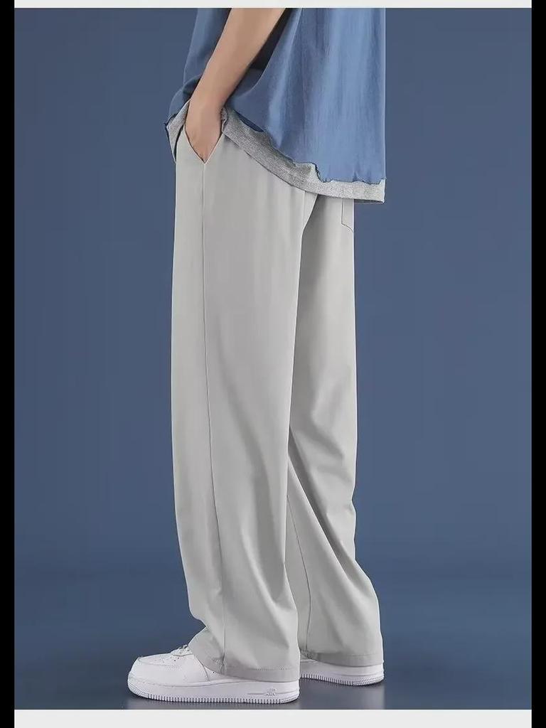 Pantaloni de trening largi din mătase de gheață pentru bărbați, primăvara 2024: Culoare Solidă, Ușor, Croială Dreaptă