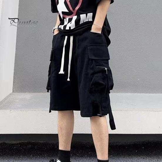 Men Cargo Shorts Elastic Waist Adjustable Drawstring Sport Shorts with Multi Pockets Wide Leg Casual Shorts