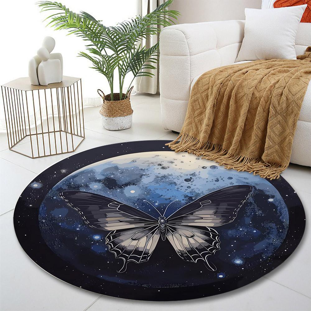 "Butterfly Over Moonlit Galaxy" Print Round Rug, Living Room, Bedroom, Playroom Carpet, Non Slip Floor Mat, Gift