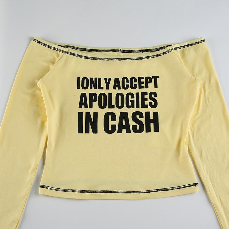 European and American autumn and winter women's sexy spicy girl one shoulder letter printed tight T-shirt top