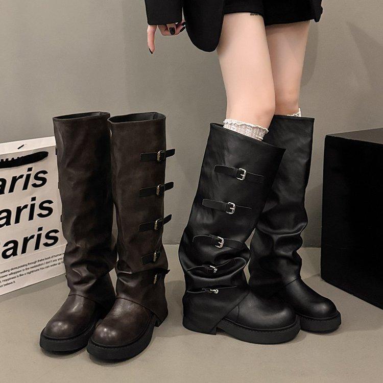 Maillard But Knee Boots Women's 2025 New Autumn Retro Stacking Pants Tube Boots Thick Heel Tall Knight Boots