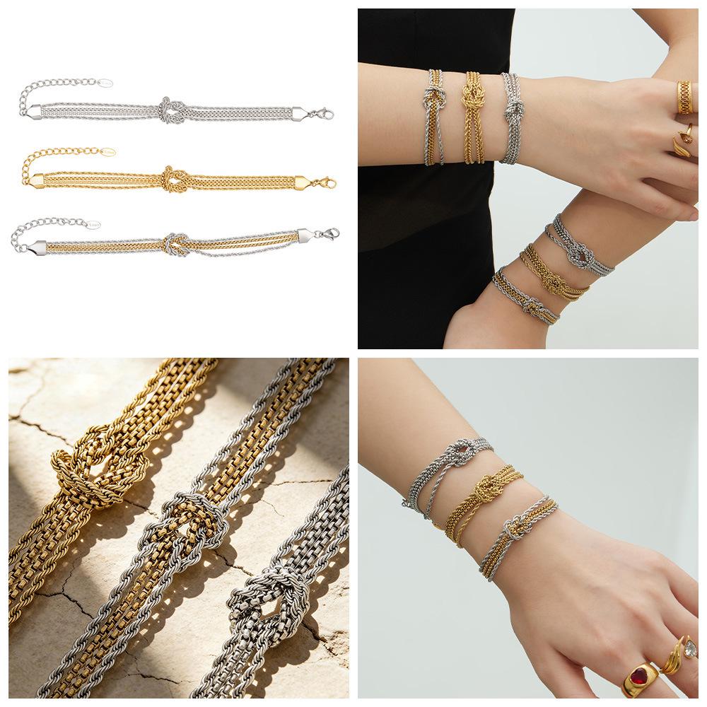 Personalized 18K Gold Electroplated Stainless Steel Knot Chain Bracelet: Modern Versatile European & American Hand Jewelry.