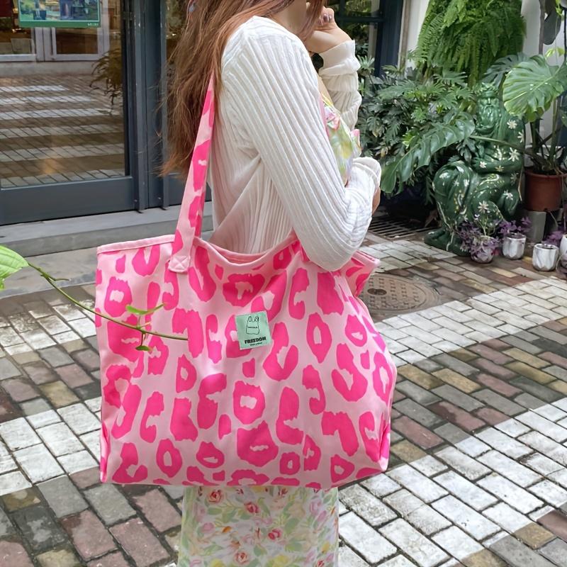 

Leopard Print Canvas Tote Bag, Large Capacity Shoulder Bag Durable Lightweight Commuter Bag, Animal Pattern розы красного