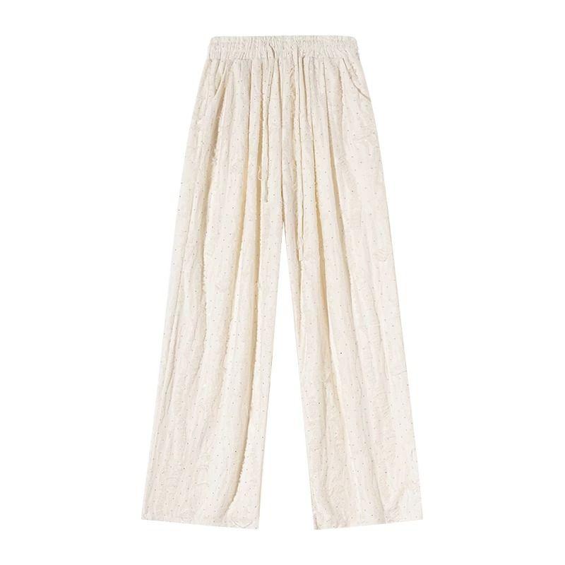 Designer Hot Fix Rhinestone Distressed Casual Wide Leg Pants for Women Floor Length Long Pants Summer Trendy