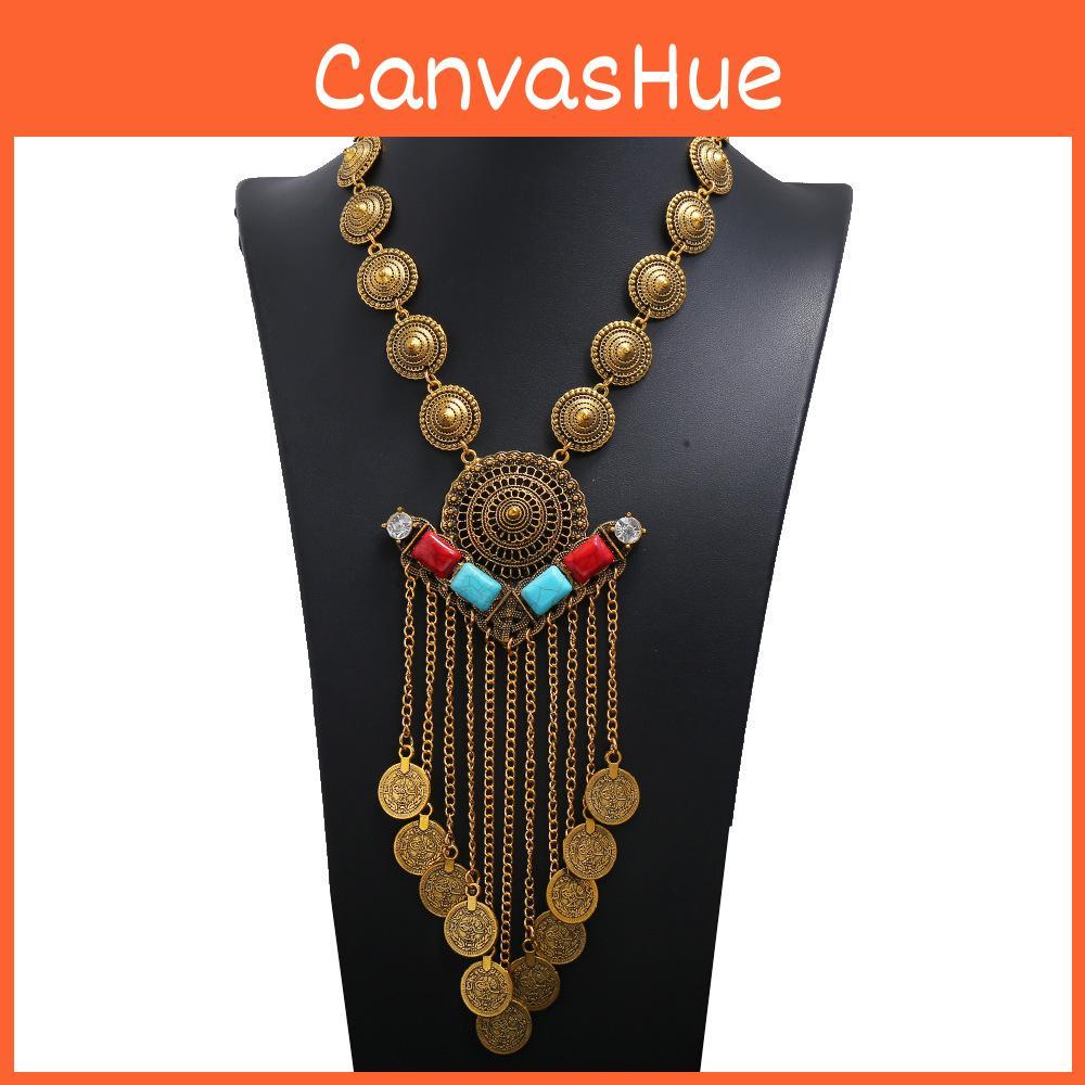 Multilayer Retro Women Coin Long Pendant Necklace With Alloy Chain Waterfall