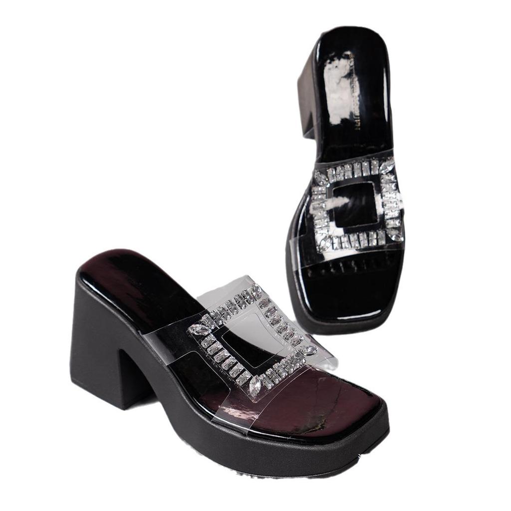 South East Asia Large Size High Heel Square Head Rhinestone Slippers Women Wear Waterproof Table Thick Bottom One Word Cool Slippers Wish
