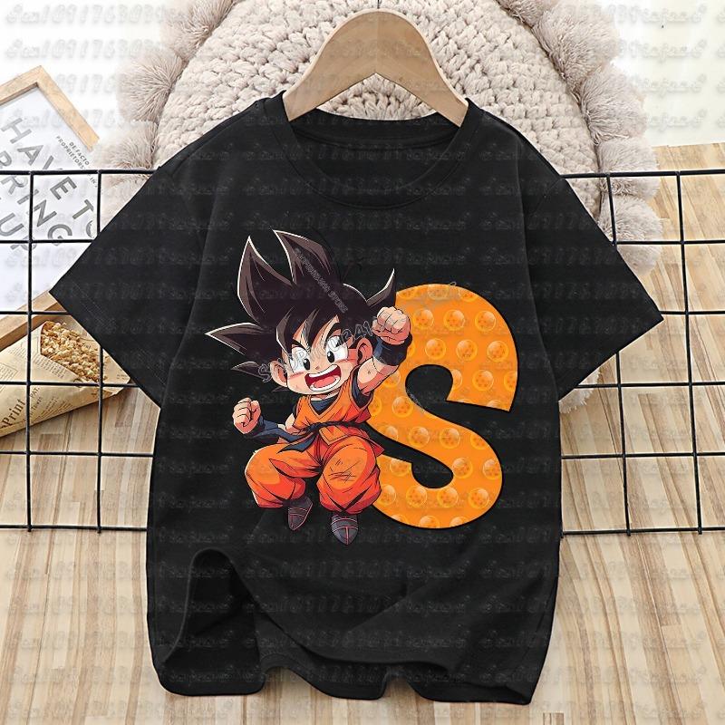 Dragon Ball Goku T-shirt Cotton Children A-Z Letter Tee Top Black Round Collar Clothing Boys Girl Summer Short Sleeve Kids