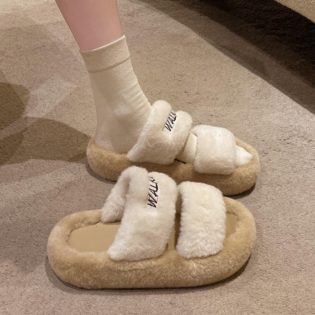 2024 English Autumn and Winter New Internet Celebrity Ins Fashion Versatile Fluffy Slippers Women Wear One Word Slippers Thick Bottom