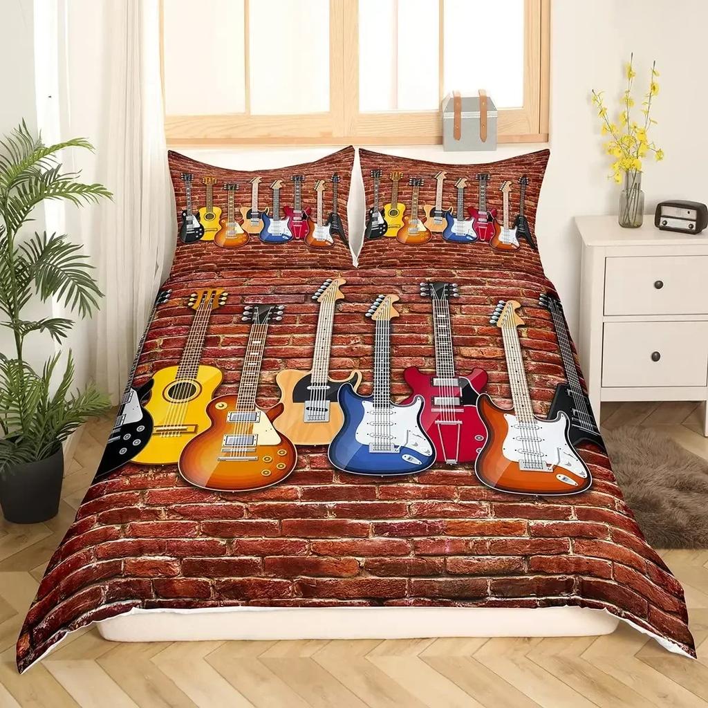 Music Bedding Set Piano Keyboard Music Note Duvet Cover Queen Size Bed Linen Comforter Microfiber Guitar Polyester Bedding Sets
