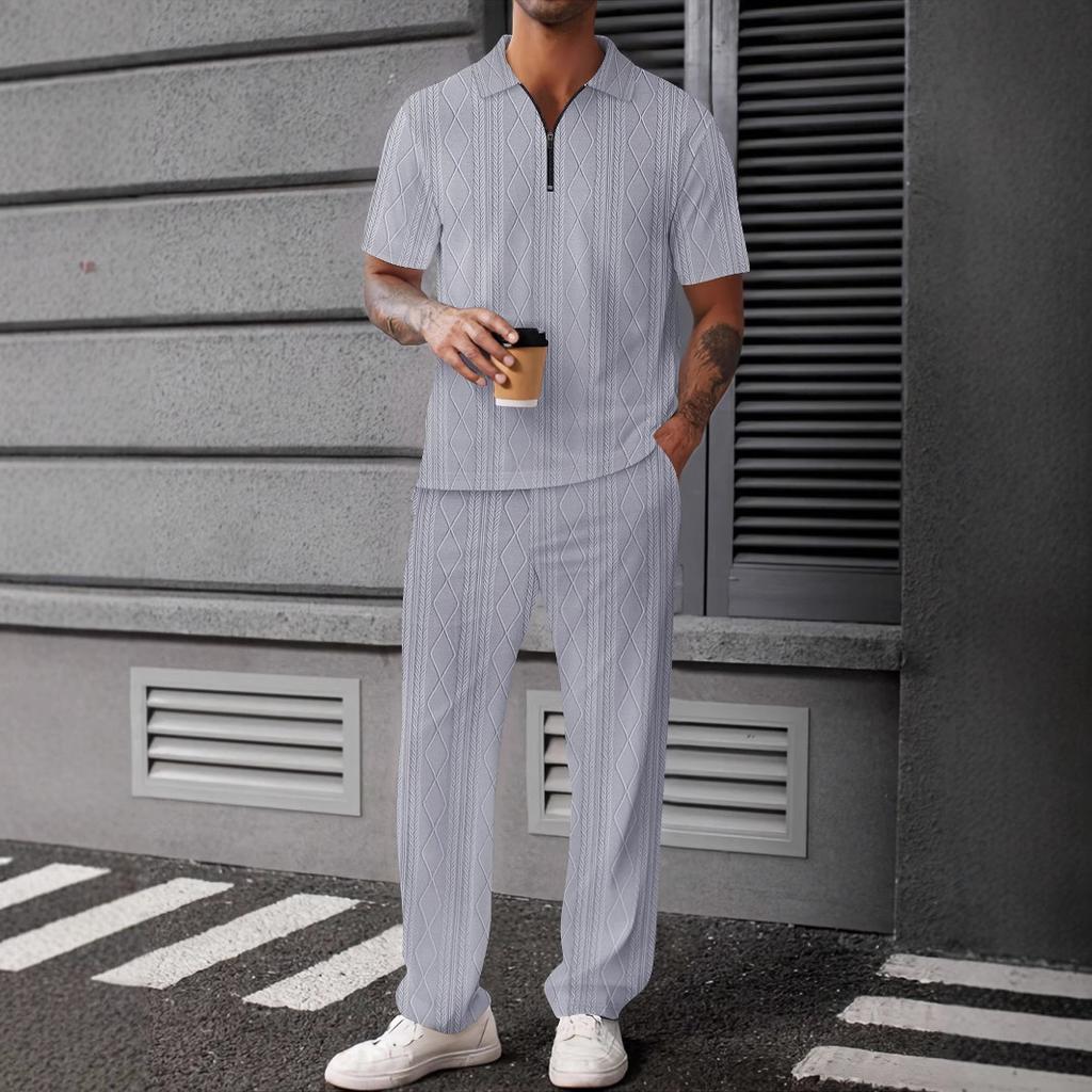 New Summer Fashion Short-sleeved Men's Casual Shirt Solid Color Half-sleeved Long Pants Two-piece Set Men