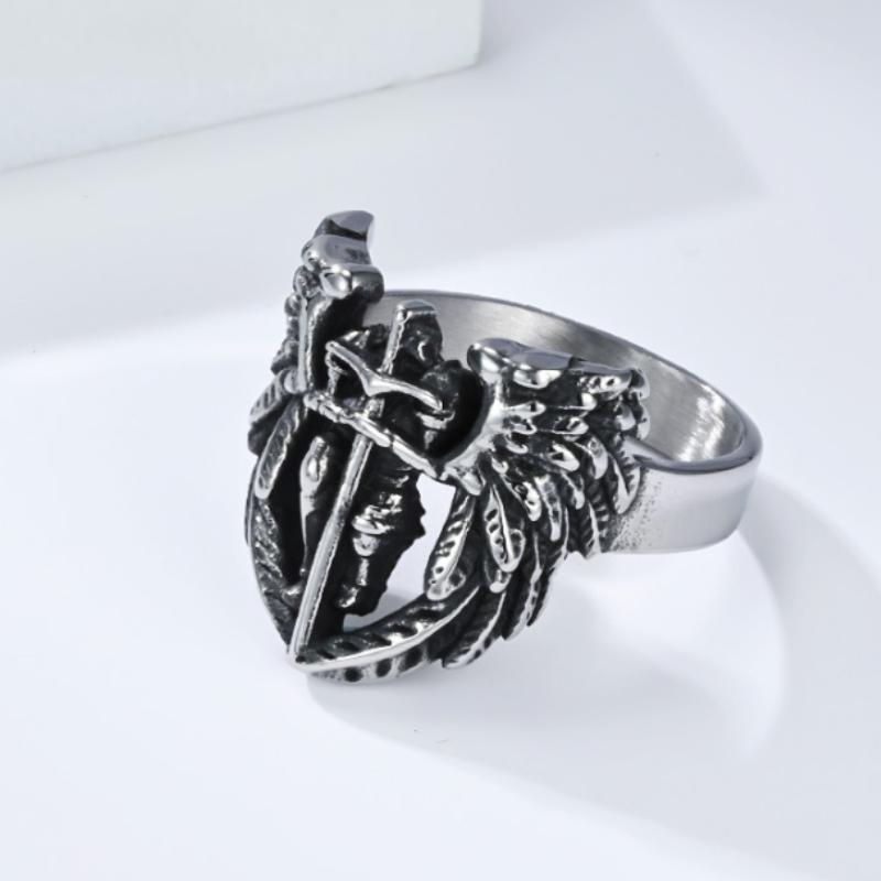European and American Fashion Jewelry Saint Michael the Archangel Stainless Steel Ring Vintage Wings Feather Index Finger Ring 7 белый