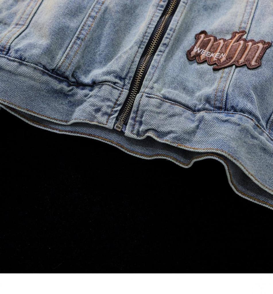 American High Street Vintage Denim Jacket - Unisex, Washed & Distressed, Autumn Trendy, Loose Fit, Casual Motorcycle Style