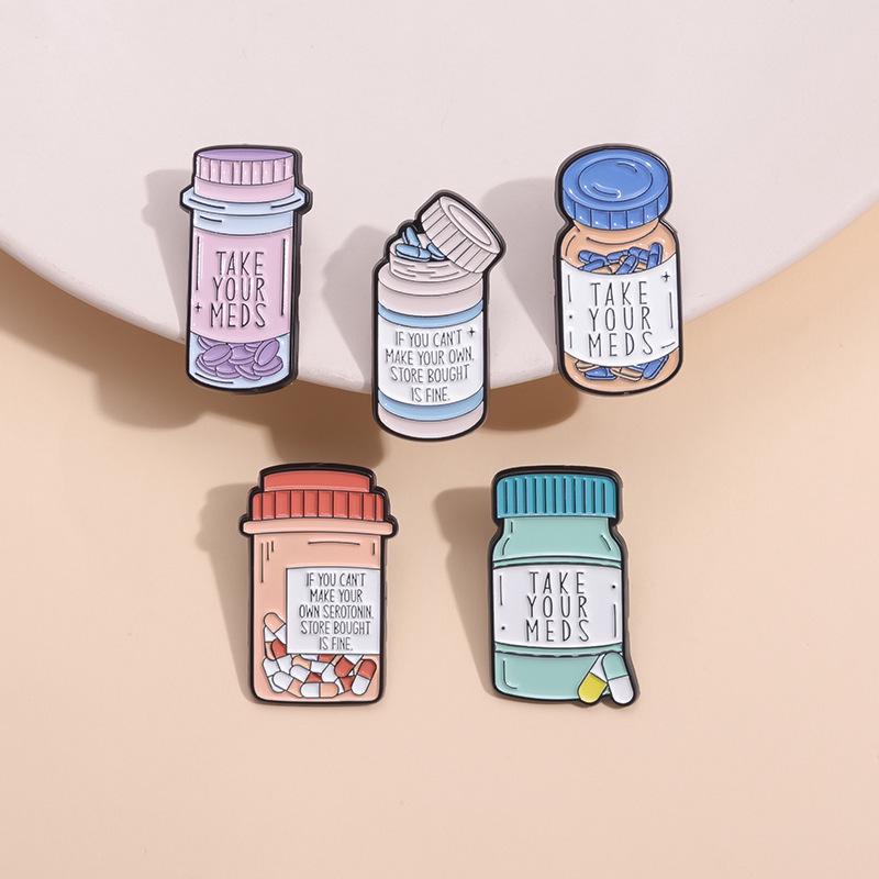 Cartoon Medicine Bottle Alloy Brooch: European & American Style Enamel Badge for Clothes & Bags