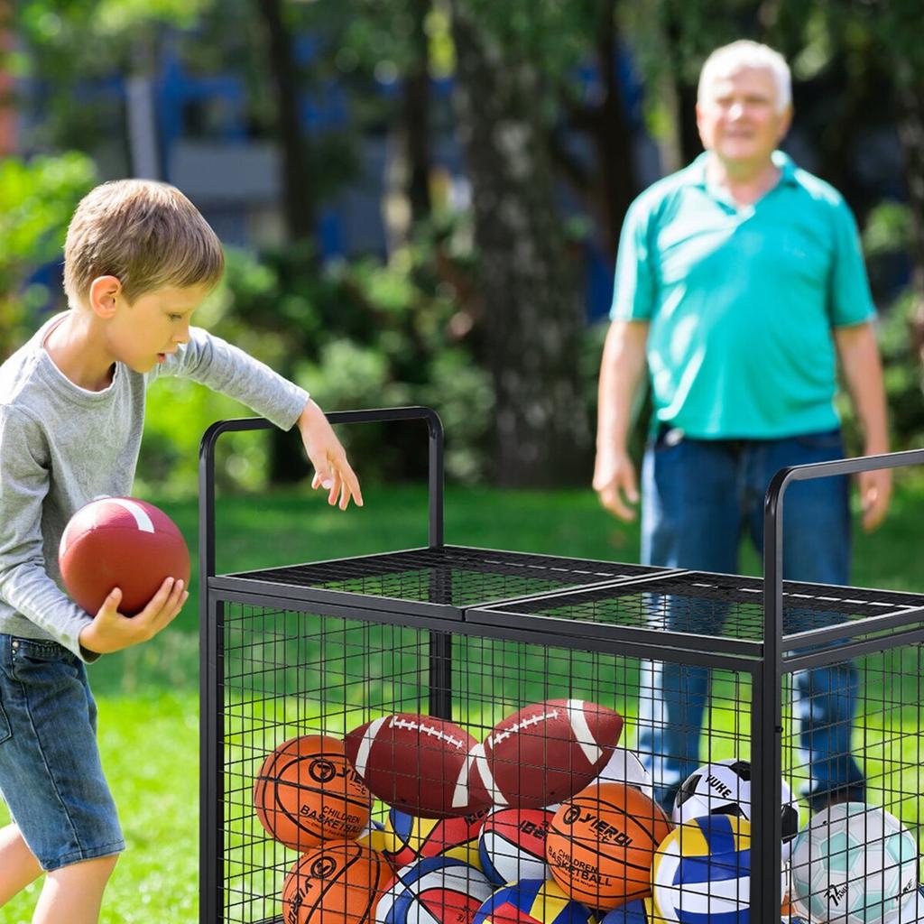 Rolling Sports Ball Storage Cart, Lockable Basketball Cage with Double Lids, Sport Equipment Holder Organizer for Indoor Outdoor, Steel Storage Rack