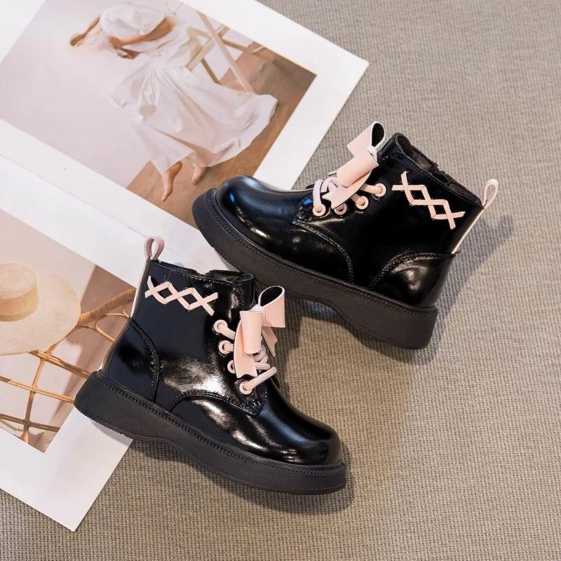 Princess Girl Boots Fashion Versatile Short Boot New Autumn Kids Shoes Shoelaces Velvet Sweet Girls Shoe Warm Velvet Ankle Boot