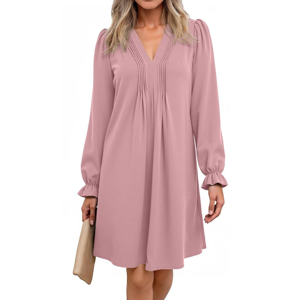 Camisa-Vestido Casual de Moda para Mujer con Volantes de Manga Larga y Cuello en V Plisada Fluida Suelta - -color