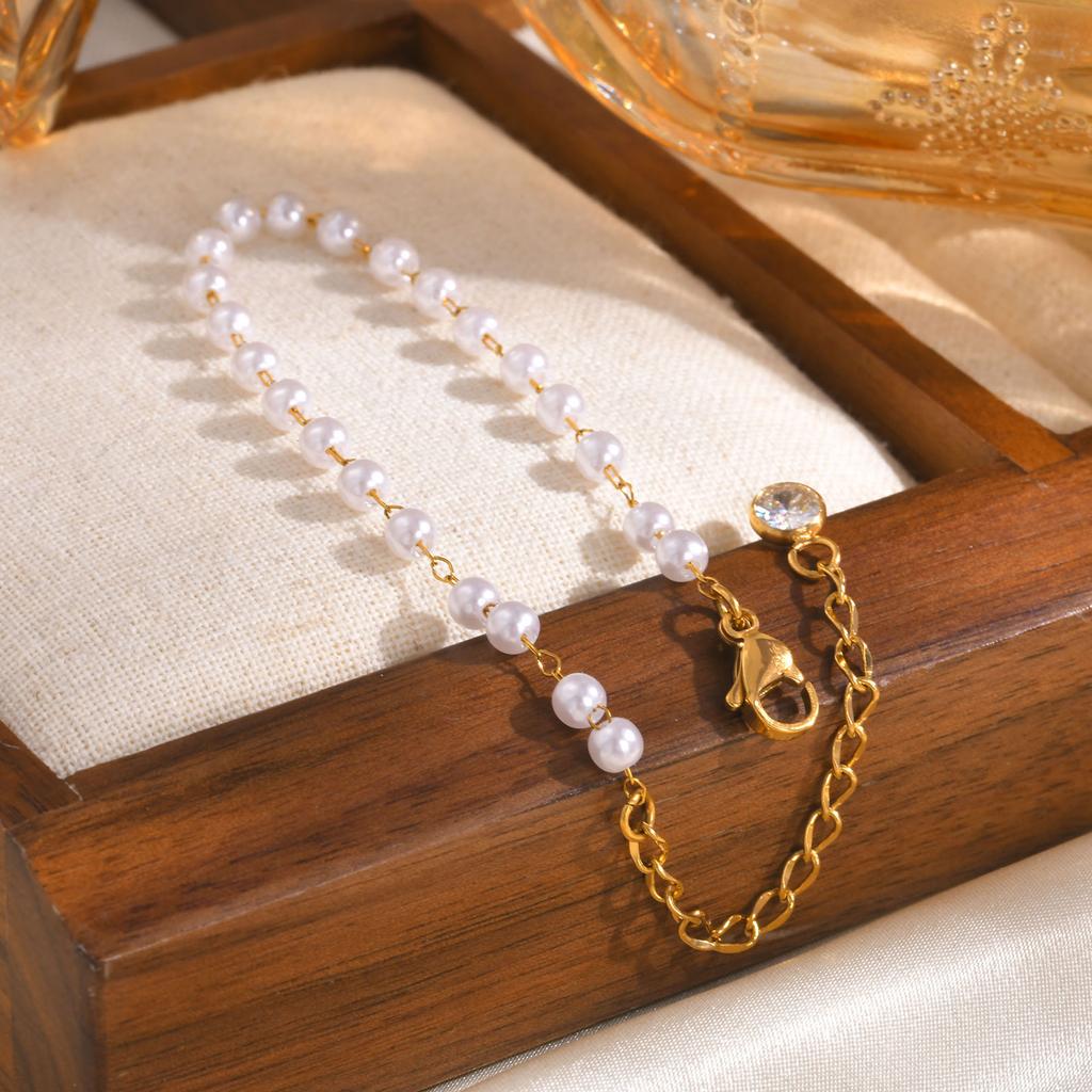 Fashion Imitation Pearl Bead Bracelet for Women Girl Stainless Steel Gold Color Bead Chain Bracelet Jewelry Gifts