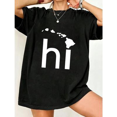 Übergroßes T-Shirt Schwarz Hawaii Karte und Hi Aufdruck Lässige Sommerbekleidung