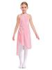 Ballettkleid für Mädchen, ärmellos, asymmetrischer Saum, glänzende Strasssteine, zarte Applikationen, Aufführungskleid