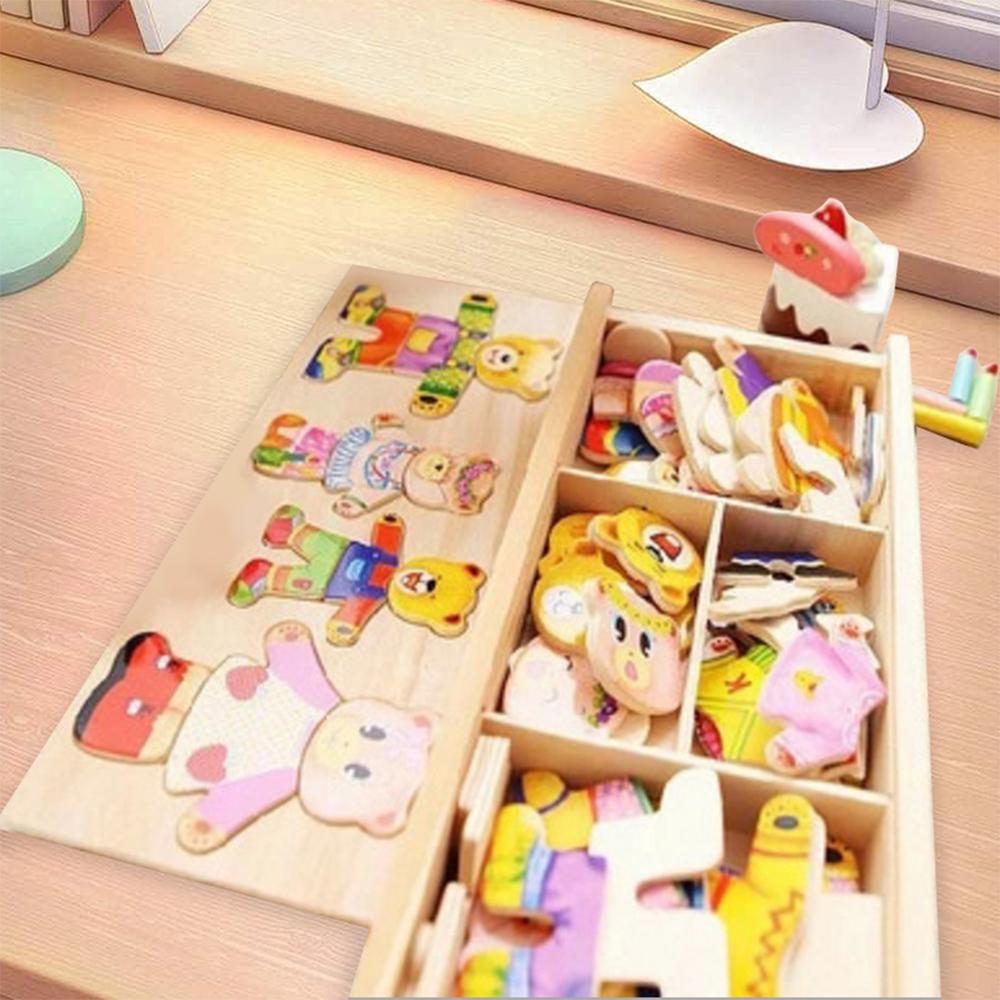 Holzbär Kleiderwechsel Puzzle Spielzeug für Jungen und Mädchen Bausteine Montage Lernspiel