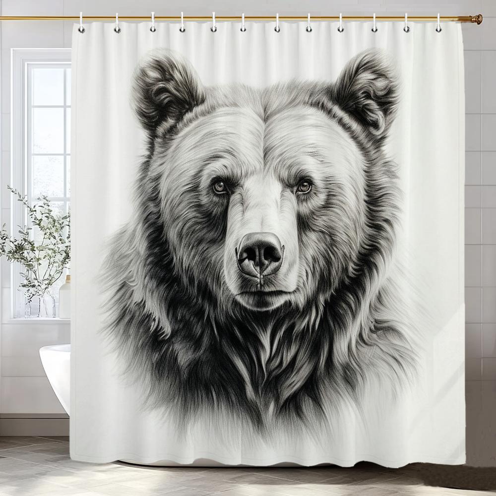 1 Piece Black Line Forest and Bear Shower Curtain, Bathroom Decorative Shower Curtain, Waterproof Shower Curtain with Hooks