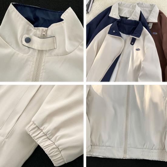 Men Cardigan Jacket Lapel Long Sleeve Zipper Placket Color-Blocking Design Jacket Coat with Pockets Loose Fit Outerwear