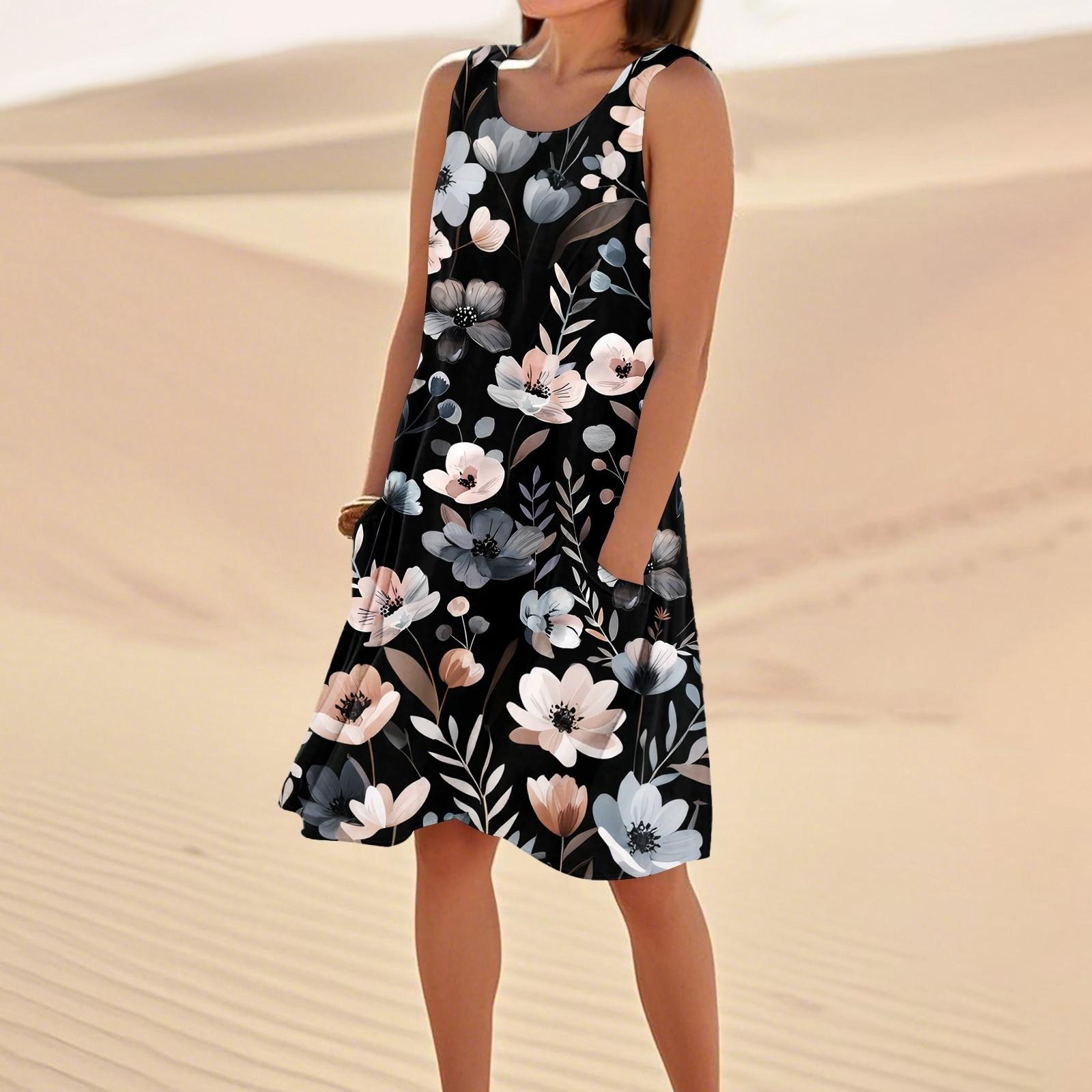 

Платья с принтом для женщин, свободные, пляжные, повседневные, без рукавов, сарафаны с карманами, платье-майка M чёрный