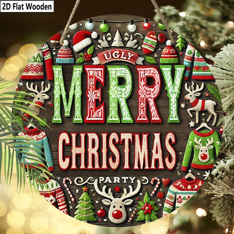 2D Flat 1pc Winter Merry Christmas Sweater Logo Wooden Sign Decoration, Front Door Embossed Effect Wall Decoration, Suitable for Home Office, Garden