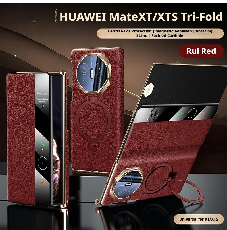 

Преміальний чохол зі справжньої шкіри для Huawei Mate XT та Mate XTs 360° обертова підставка Smart Window для прийому дзвінків Захисна кришка для камери Genuine Leather&Huawei Mate XTs Ultimate червоний