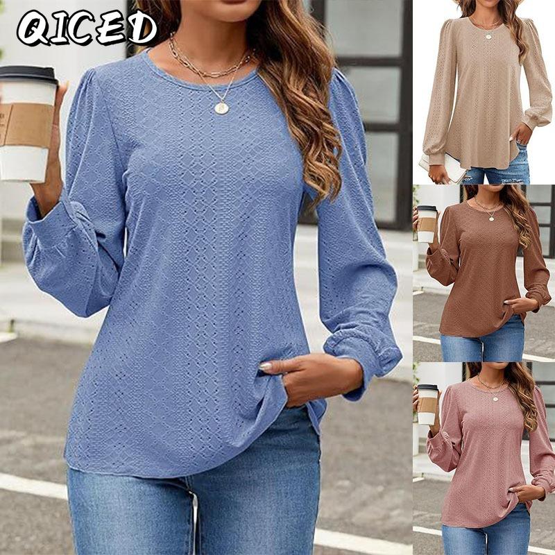 QICED Women's Fashion Casual Solid Color Print Long Sleeve O-Neck Blouses & Shirts
