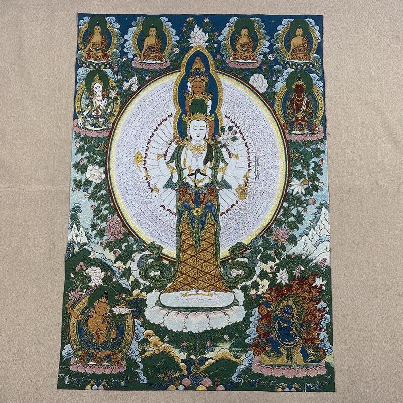 35"Thangka Embroidery Tibetan Buddhism silk Embroidery six arm Mahakala Vajra Buddha Thangka hanging screen Town house