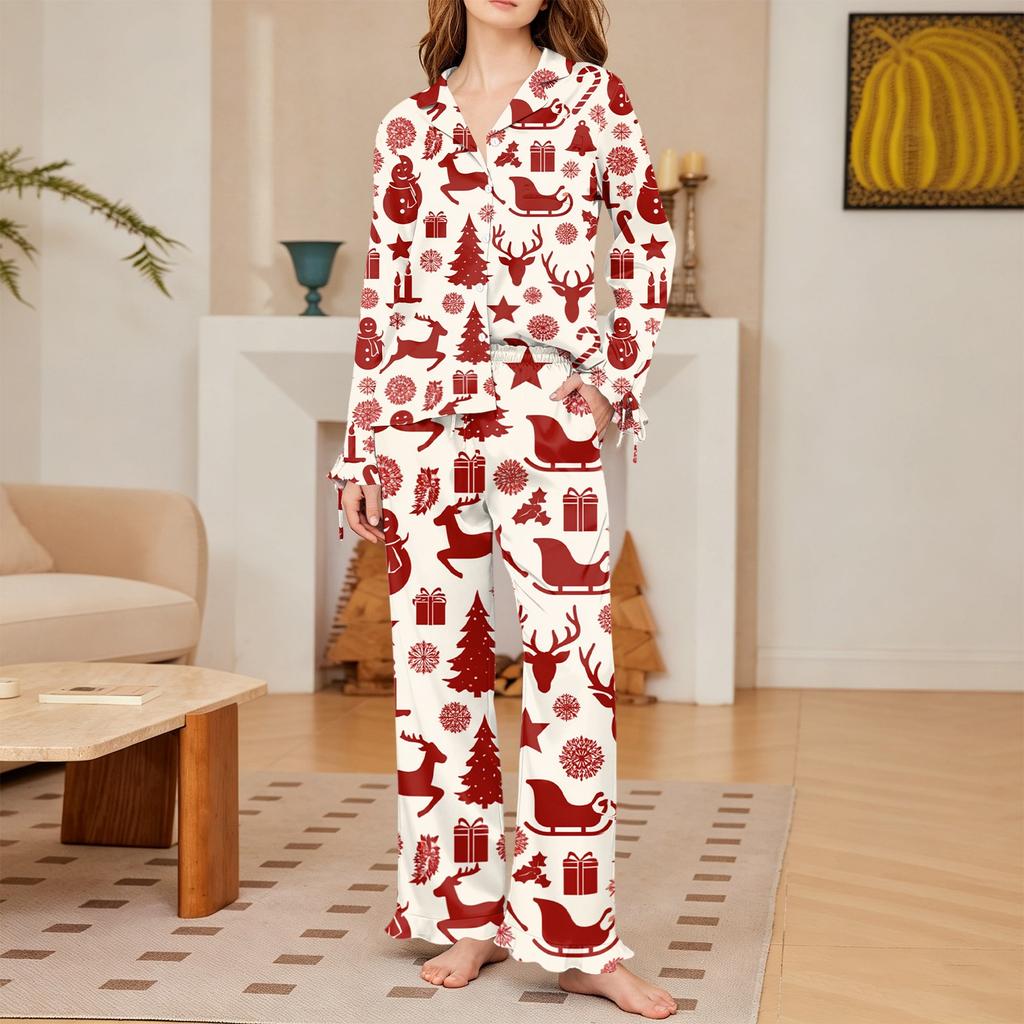 Women's Christmas Print Silky Long Sleeve Button-Down Pajama Set