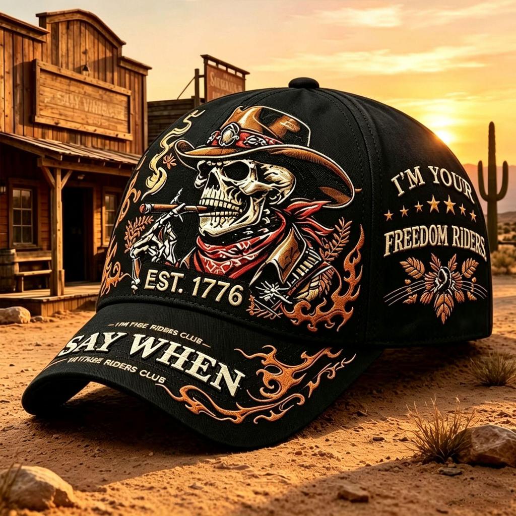 Nuovo Berretto da Baseball Cowboy Teschio del West Americano con Design a Fiamma Retrò e Protezione Solare