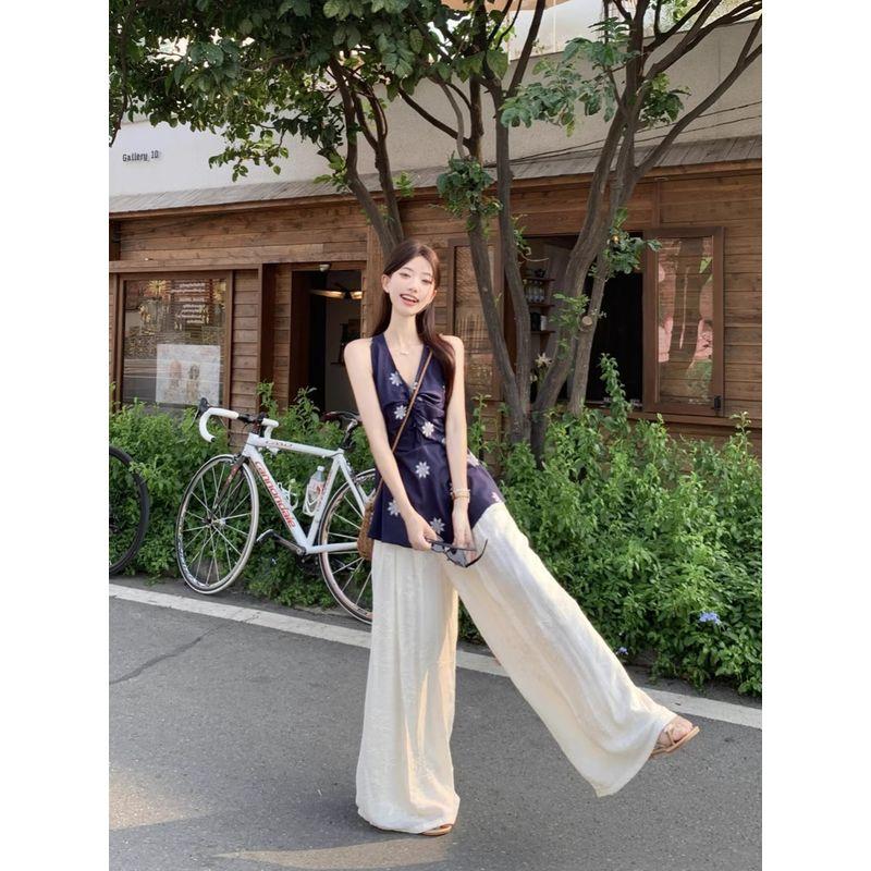 Kumikumi Sweet Style Set French Style Kinked Cami Women Summer Drape Embroidered Wide-Leg Pants Two-piece Set