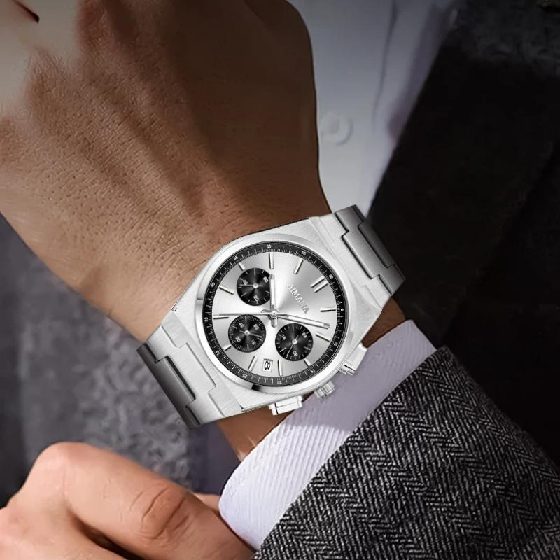 Men Chronograph Quartz Watch with Date Display Stainless Steel Strap Waterproof Fashion Business Male Wrist Watch