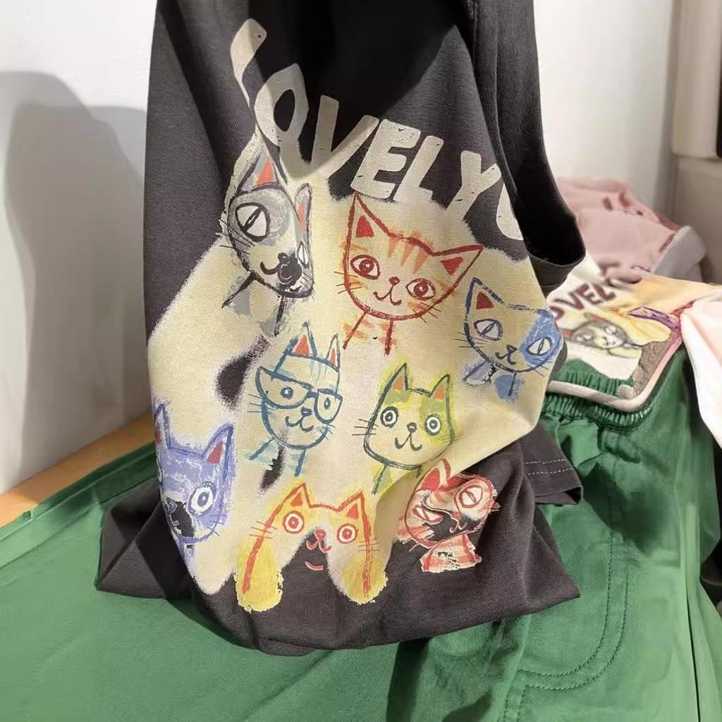 Plus Size Ice-Cool Cat Print Women’s Summer T-Shirt – Short Sleeve, Breathable, Colorful, Loose Fit