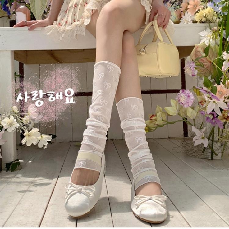 Womens Ultrathin Arm Leg Warmers Sweet Bowknot Pattern Solid Color Long Fingerless Gloves Ice Silk Arm Leg Sleeves Cover