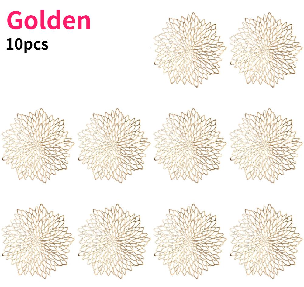 

10pcs Vintage Golden Openwork Placemats PVC Elegant Round Leaf Gold Foil Placemats Hibiscus Flower Placemat Dining Table Decor