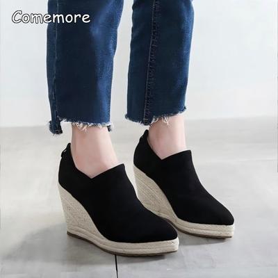 Botas de Salto Anabela para Mulher Bico Fino Sola Plataforma Palha Design Moda Boémia Casual Botinhas Botas Mujer