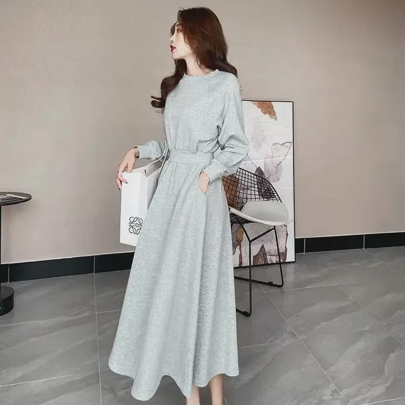 Korean Style Autumn/Winter Long Sleeve Waisted Sweater Dress for Women - Trendy Round Neck Design