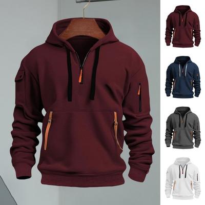 Men Fall Winter Hoodie Solid Color Drawstring Long Sleeves Half Zipper Arm Pocket