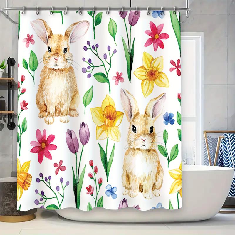 

Watercolor Bunny Rabbit Flower Print Shower Curtain For Bathroom Decoration White Yellow Purple Red Pink Blue (Size: 180X205Cm) W60H190(CM)-1 Pcs