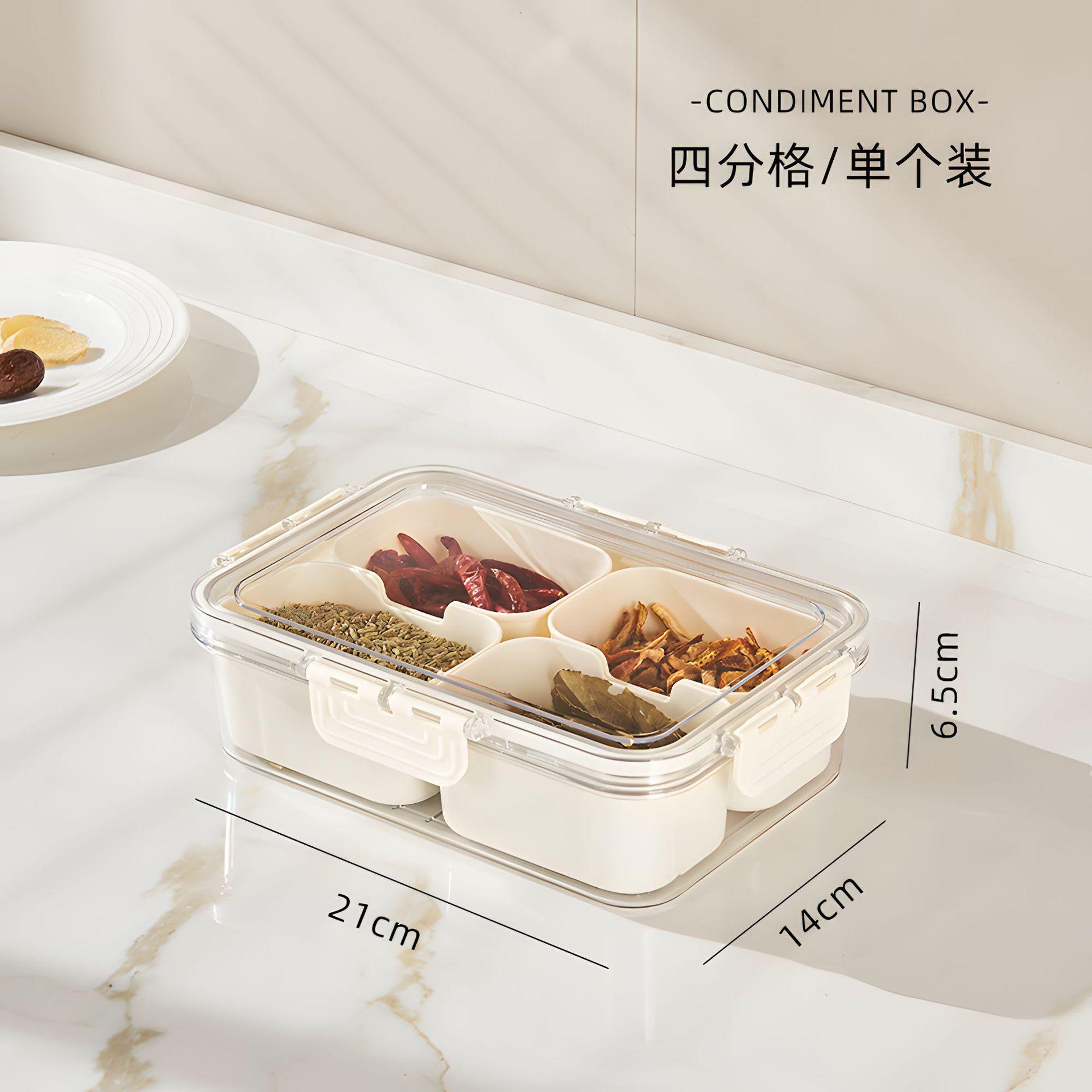 Plastic Kitchen Seasoning Storage Box with Airtight Seal, Divided Compartments, Transparent, for Spices and Grains